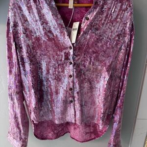 Sequin Button-Up Velvet Top - Pink